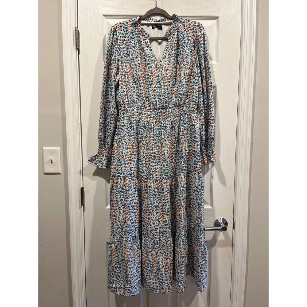 PrettyGarden Blue Orange Abstract Print Smocked Tiered Midi Dress Long Sleeve L
